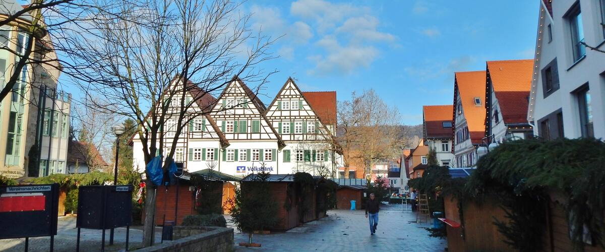 A cobblestone street lined with traditional half-timbered houses, a Volksbank building, and bare trees.