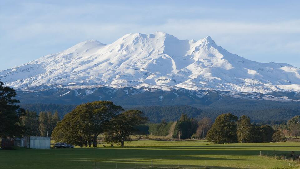 A snow-capped mountain with a clear sky.