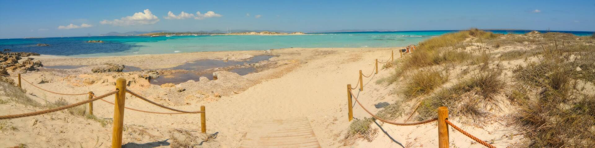 A sandy beach with a wooden pathway leading to the water, surrounded by dunes and clear blue sky.