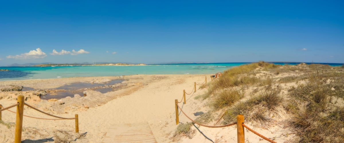 A sandy beach with a wooden pathway leading to the water, surrounded by dunes and clear blue sky.