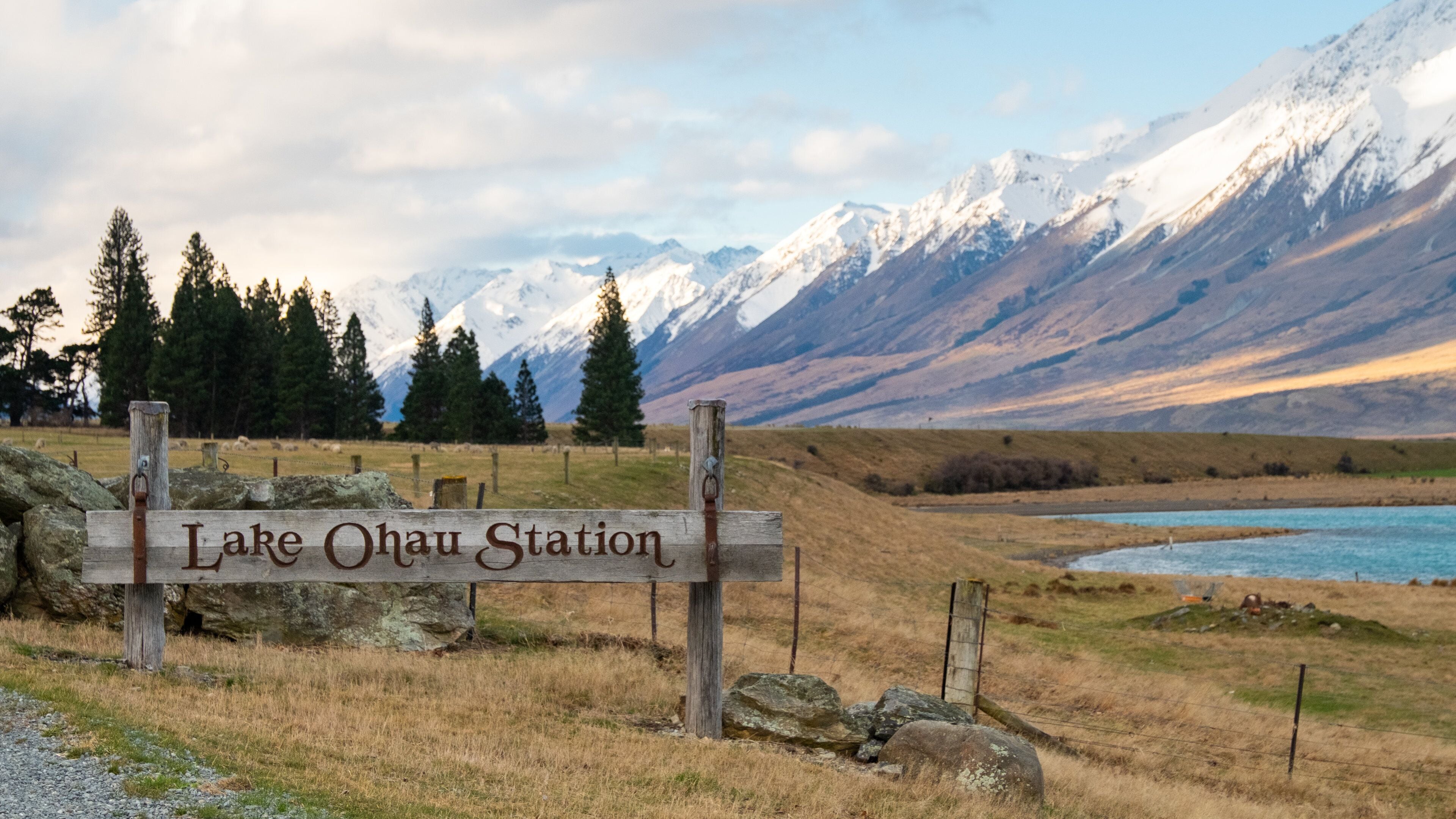 A wooden sign reading "Lake Ohau Station" in a grassy field with a lake and snow-capped mountains in the background.