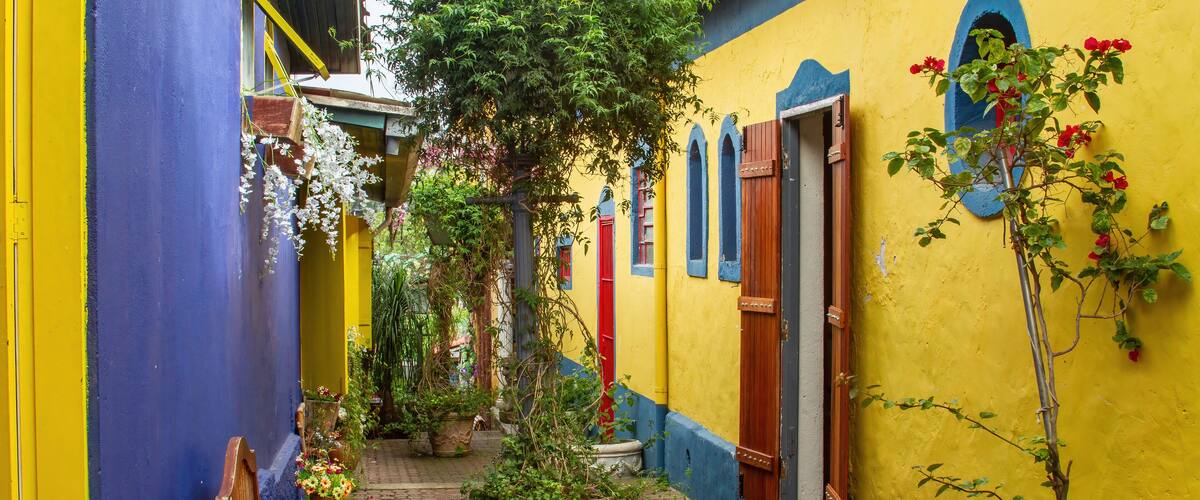 Embu City of Arts in Sao Paulo in Brazil, the slope of the laundresses with its colors, flowers and old architecture near the arts and crafts fair