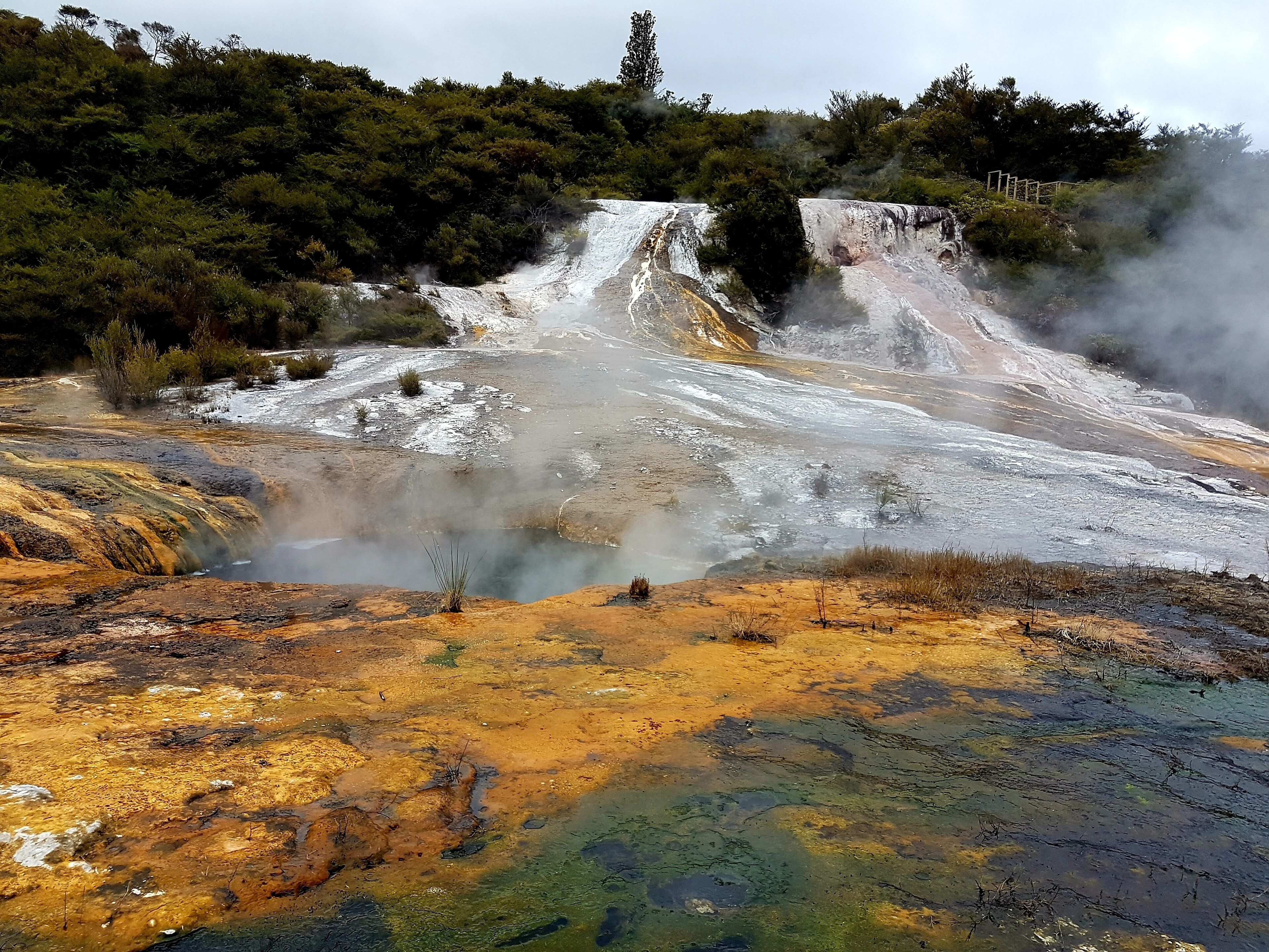 A geothermal area with a hot spring, steam, and mineral deposits.