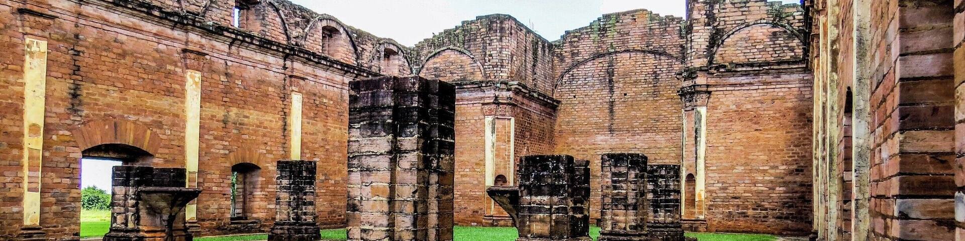 Jesuit Mission of Jesus de Tavarangue in Paraguay. This religious mission is still preserved and were founded by the Jesuit missioners during the colonization of South America in the 17th century. These religious missions were created in 1609 and developed for 150 years.