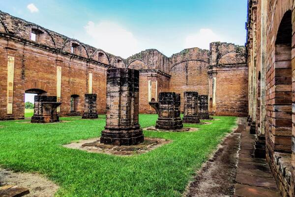 Jesuit Mission of Jesus de Tavarangue in Paraguay. This religious mission is still preserved and were founded by the Jesuit missioners during the colonization of South America in the 17th century. These religious missions were created in 1609 and developed for 150 years.