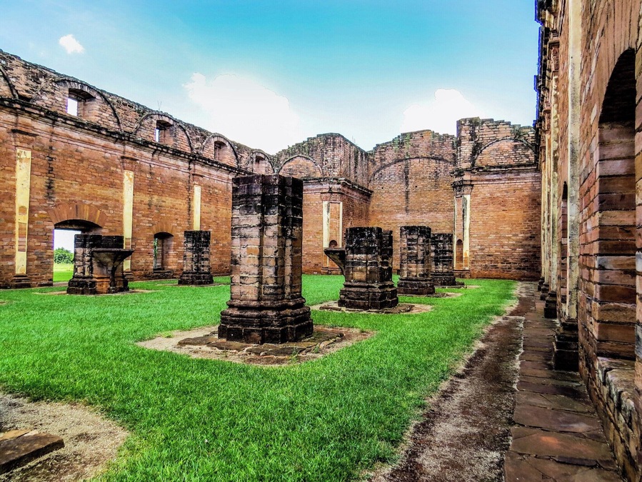 Jesuit Mission of Jesus de Tavarangue in Paraguay. This religious mission is still preserved and were founded by the Jesuit missioners during the colonization of South America in the 17th century. These religious missions were created in 1609 and developed for 150 years.