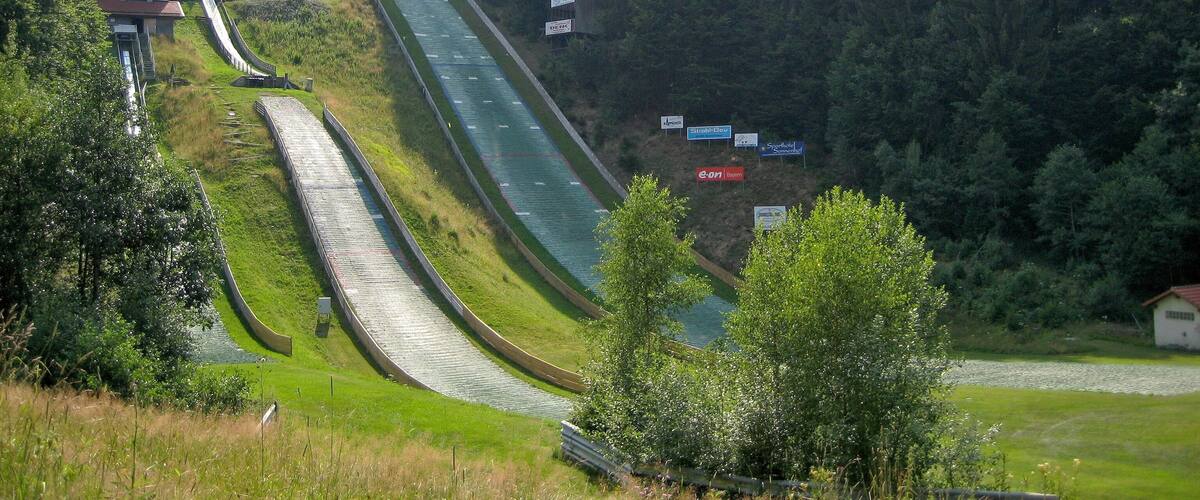 A winding road through a forested valley with a Toyota dealership sign and various commercial billboards.