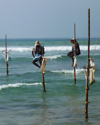 Menschen angeln mit Bambusstangen im Meer.