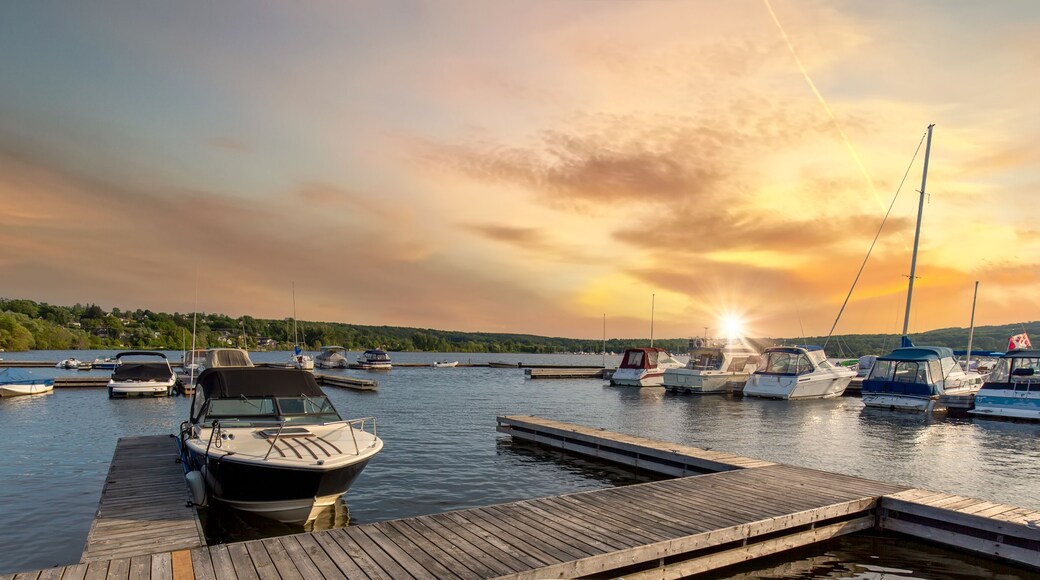 A boat waiting for a ride on a lake near Georgian Bay and Blue Mountain resort in Muskoka, Ontario.