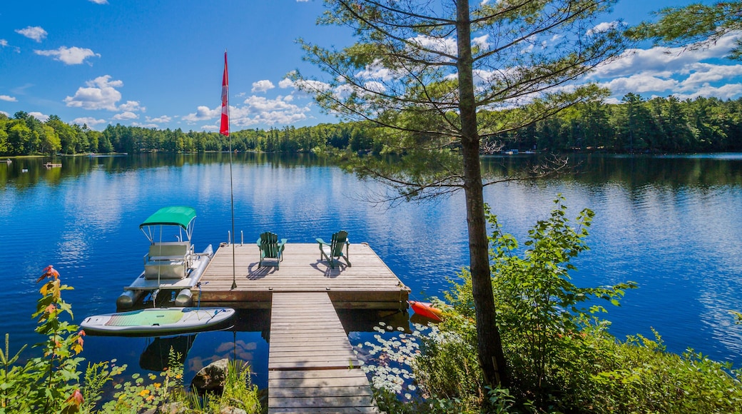Two Ontario chairs sitting on a wood dock facing a calm lake.