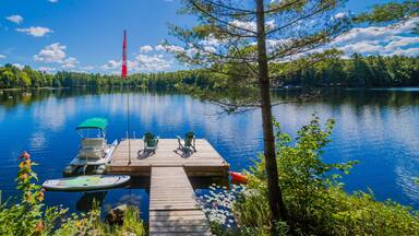 Two Ontario chairs sitting on a wood dock facing a calm lake.