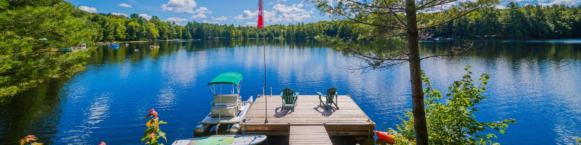 Two Ontario chairs sitting on a wood dock facing a calm lake.