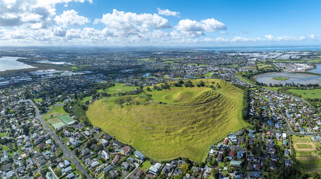 Aerial view of Mangere Mountain in the suburb of Mangere Bridge, Auckland, New Zealand