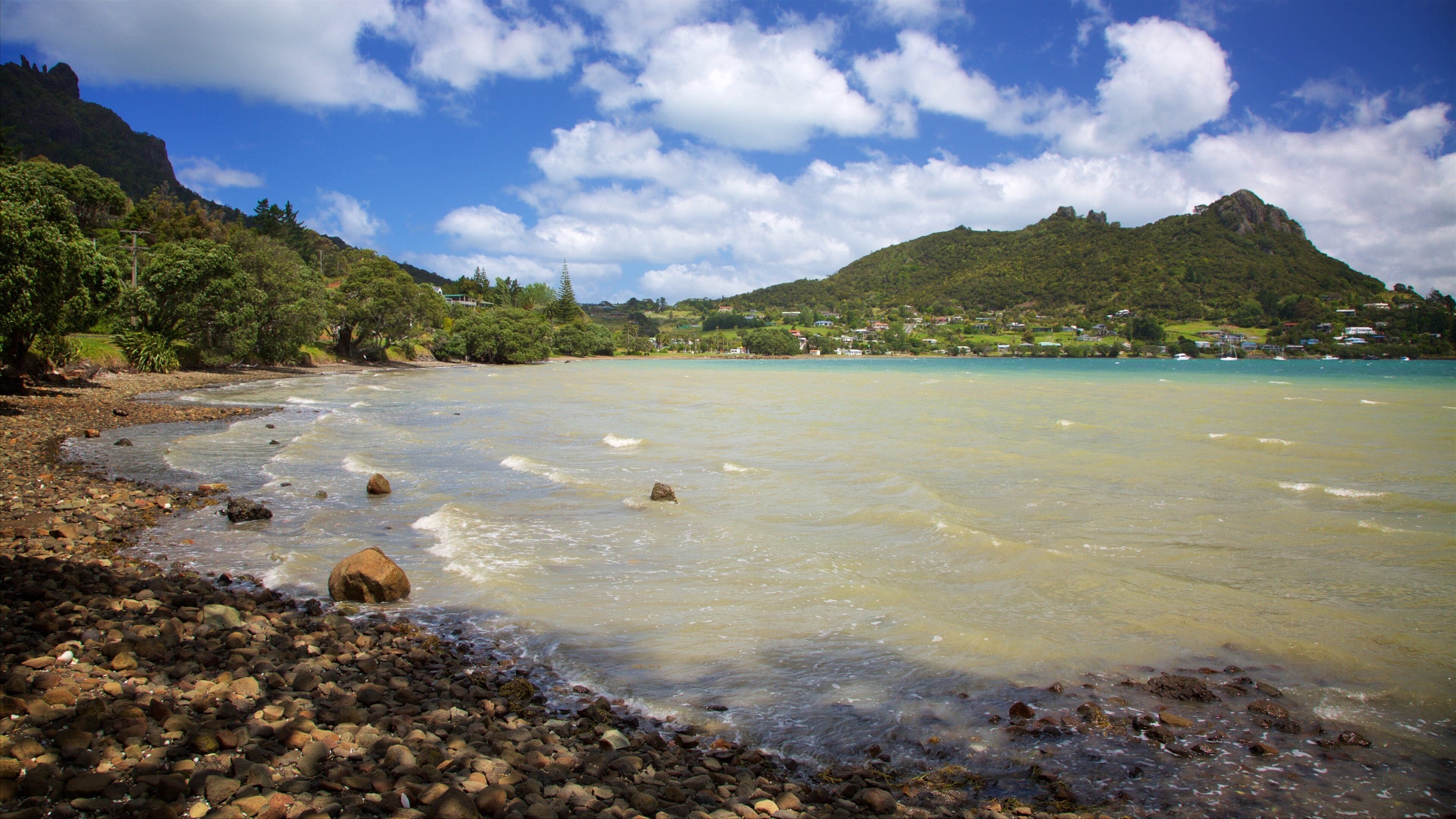 Whangarei que incluye una playa de guijarros y una bahía o puerto