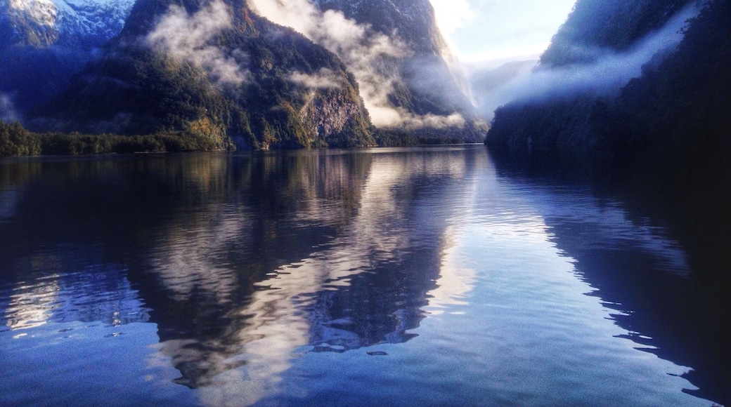 Over night cruise on Doubtful Sound - the water was like glass and the clouds were hugging all the surrounding mountains. Such a beautiful place.