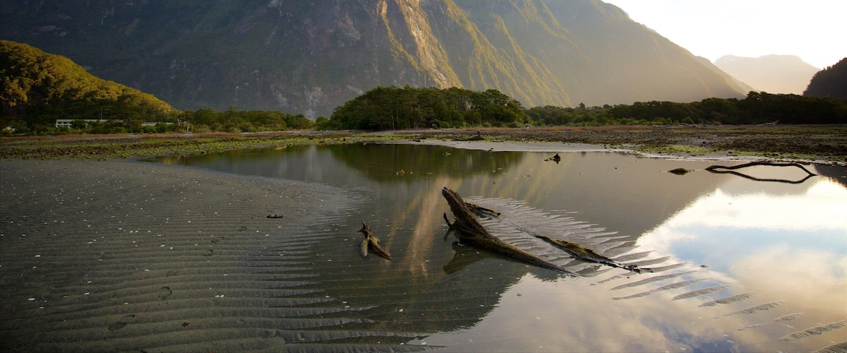 Fjordland National Park toont een kiezelstrand, bergen en een baai of haven