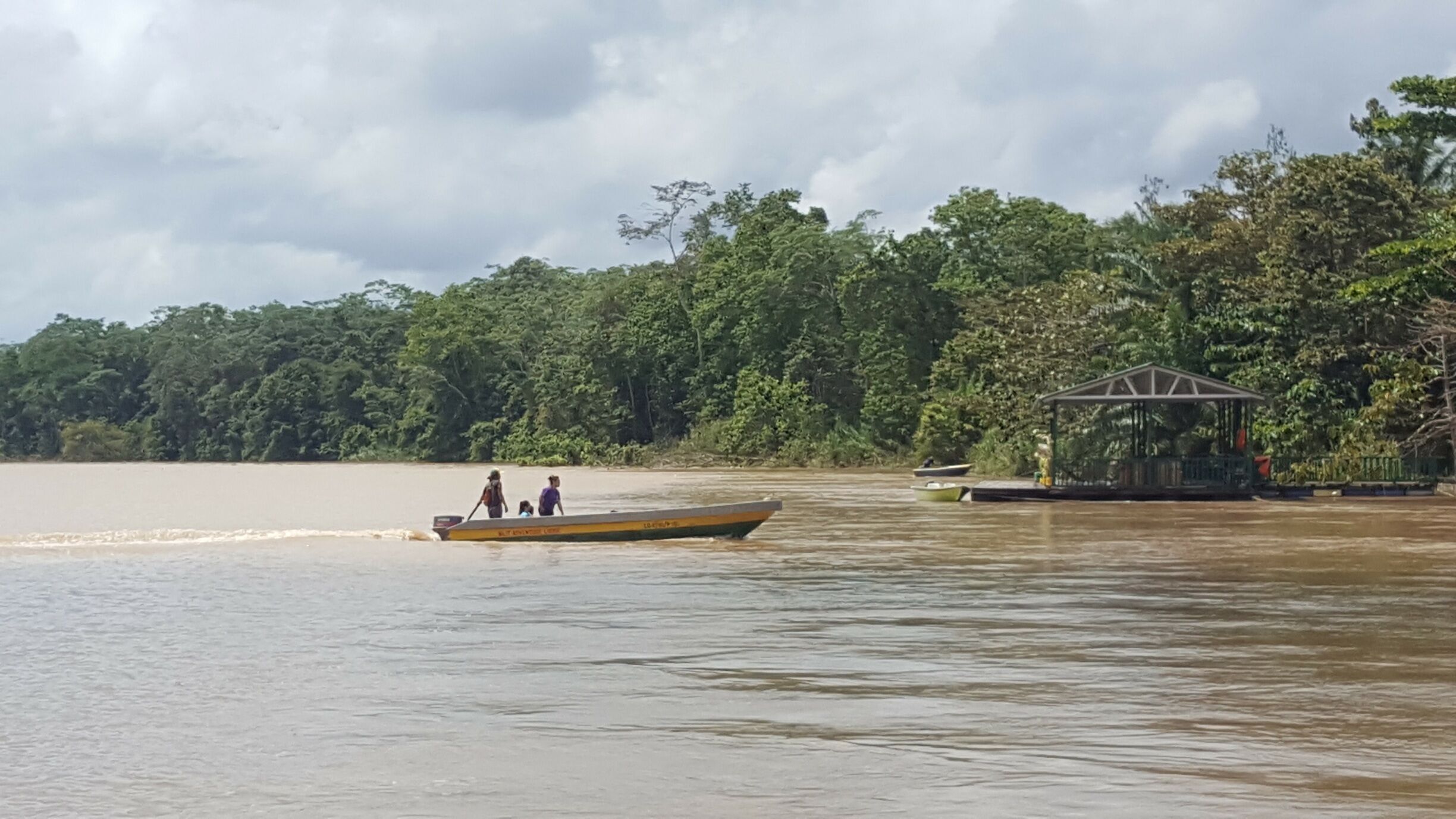 A river with a boat carrying people, surrounded by dense green forest and a small dock with a gazebo.