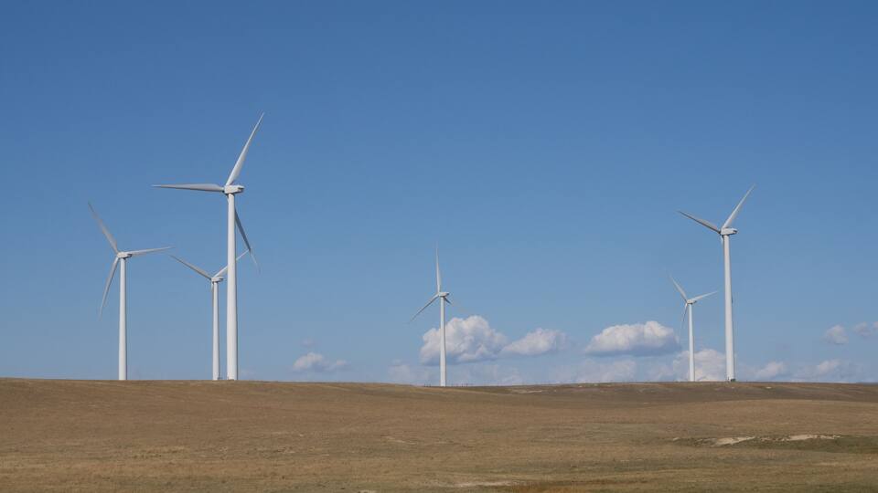 A landscape with multiple wind turbines on a grassy hill under a clear blue sky.