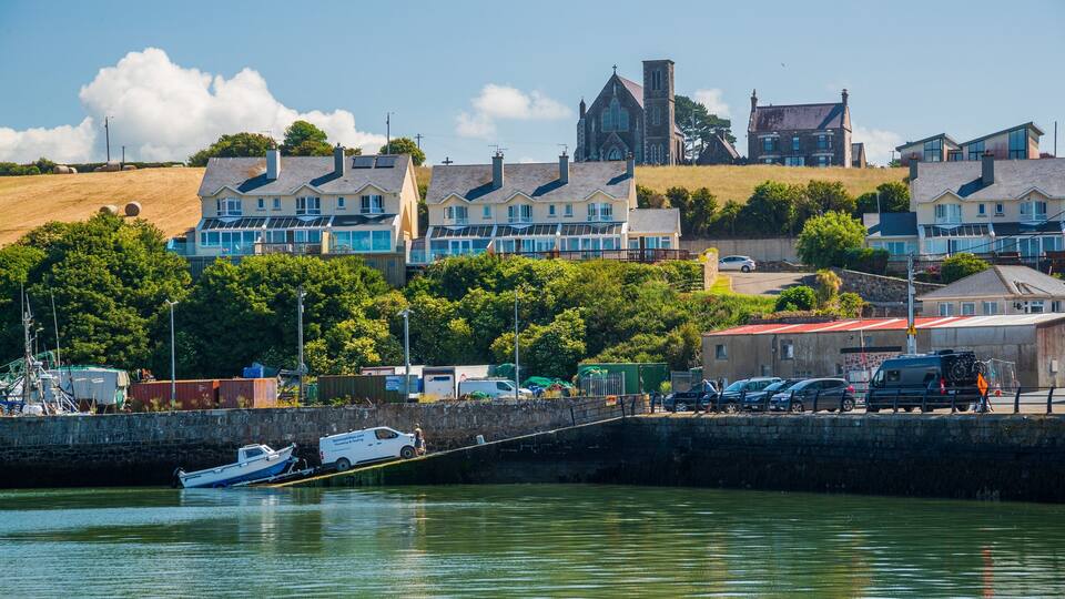 A coastal town with a church, residential buildings, and a dock with boats.
