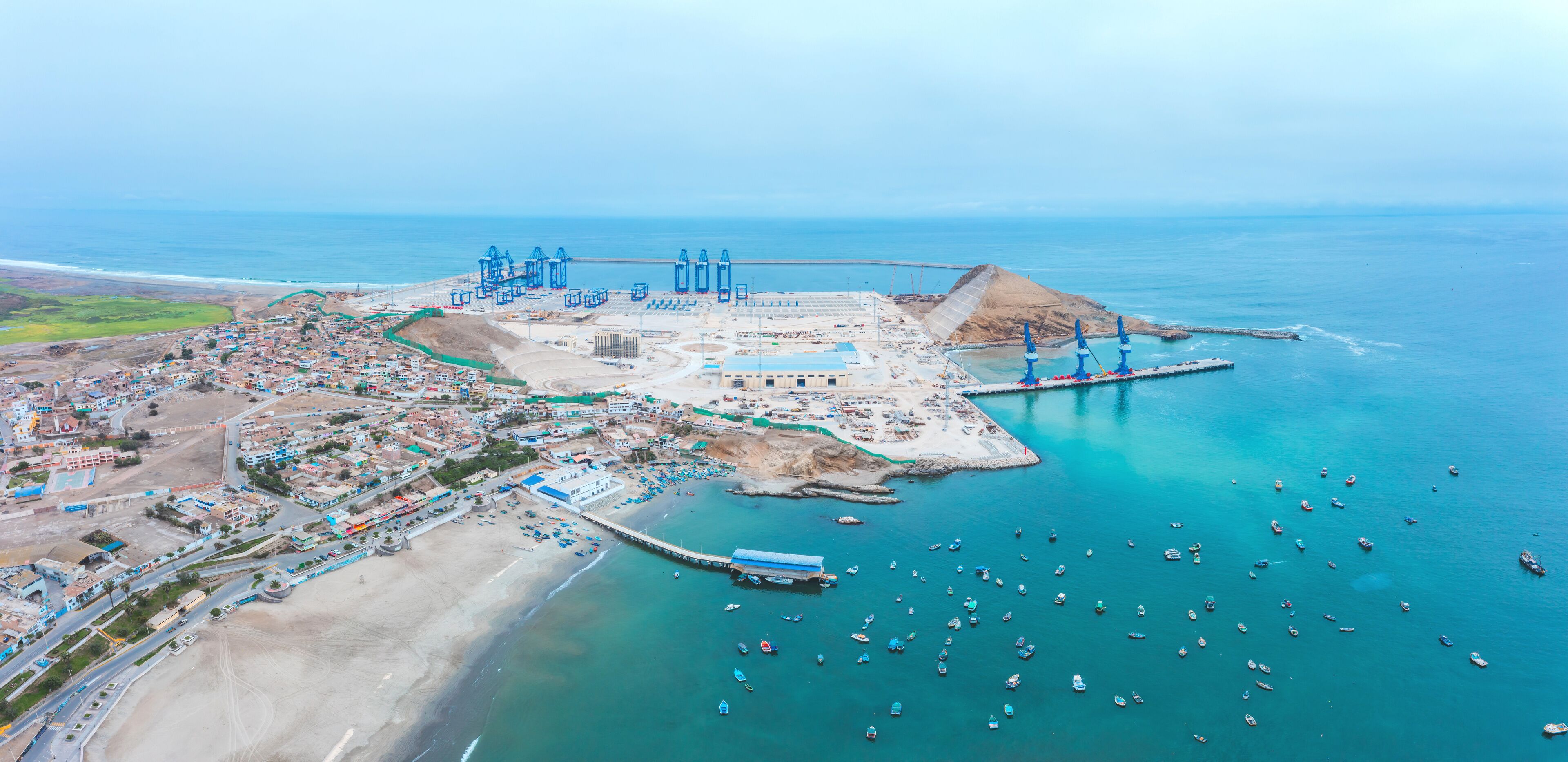 Aerial view of Chancay Mega seaport. Located in Peru, under construction, future maritime hub of South America. Chancay Lima, Peru.