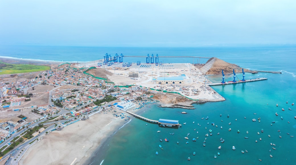 Aerial view of Chancay Mega seaport. Located in Peru, under construction, future maritime hub of South America. Chancay Lima, Peru.