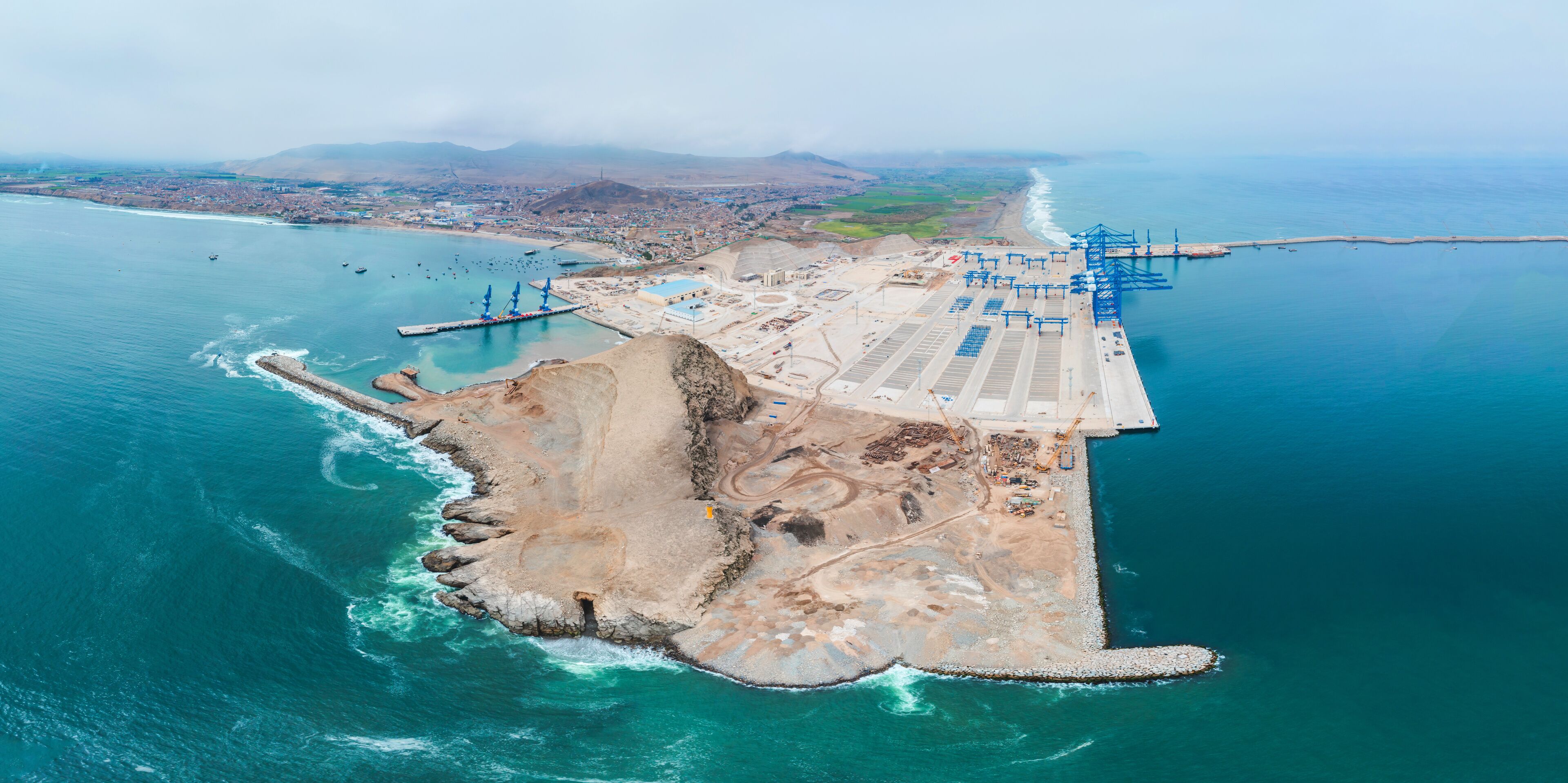 Panoramic view of Chancay Mega seaport. Located in Peru, future maritime hub of South America.