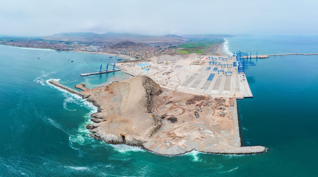 Panoramic view of Chancay Mega seaport. Located in Peru, future maritime hub of South America.