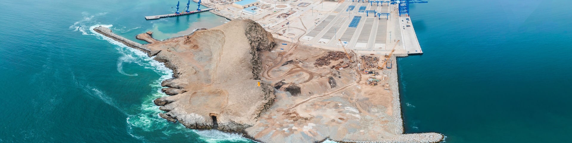 Panoramic view of Chancay Mega seaport. Located in Peru, future maritime hub of South America.