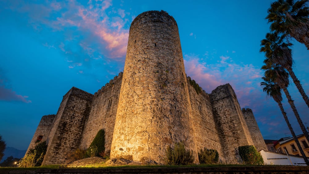 Eine historische Steinburg mit einem zentralen Turm, umgeben von Palmen und blauem Himmel.