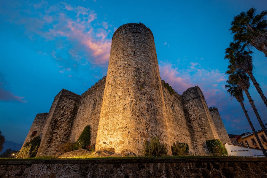 A historic stone fortress with a central tower, surrounded by palm trees and a clear sky.