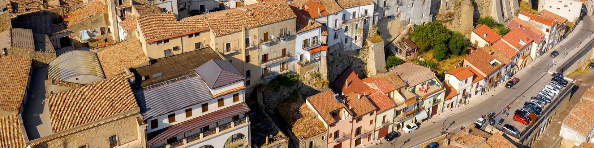 Aerial view of Acerenza. It's a comune in the province of Potenza, in the Southern Italian region of Basilicata. The cathedral of the town is one of the most notable Romanesque structures in Italy.