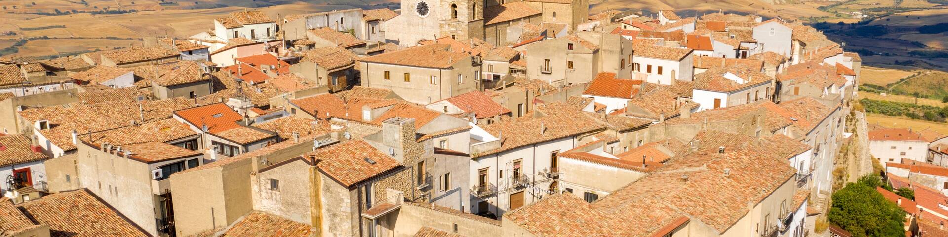 Aerial view of Acerenza. It's a comune in the province of Potenza, in the Southern Italian region of Basilicata. The cathedral of the town is one of the most notable Romanesque structures in Italy.