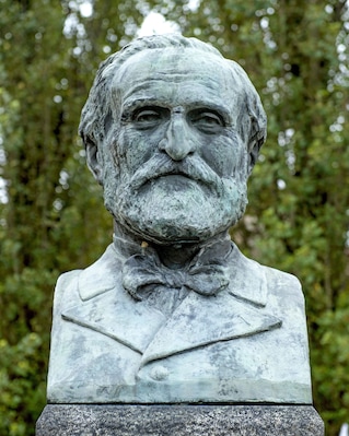 The bronze statue of Giuseppe Verdi, the most important Italian Opera music composer, in Busseto, Parma, Italy