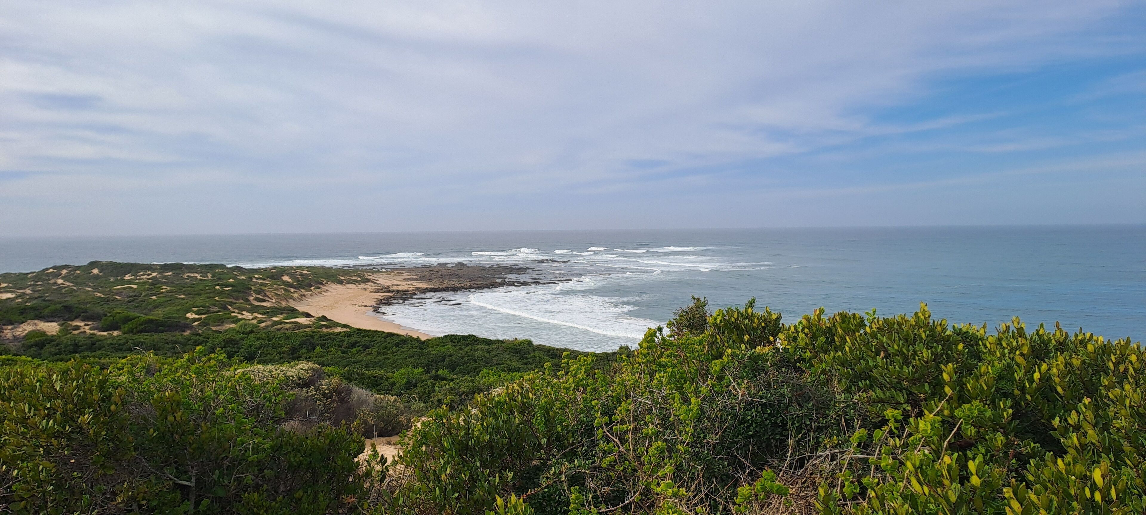 A coastal landscape with a sandy beach, rocky shoreline, and dense green vegetation.