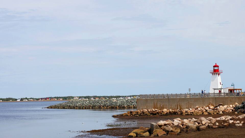 A lighthouse, rocky shoreline, calm water, and a distant town.
