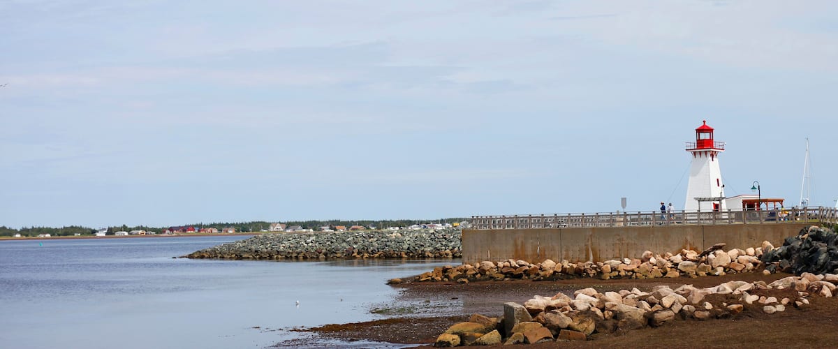 A lighthouse, rocky shoreline, calm water, and a distant town.
