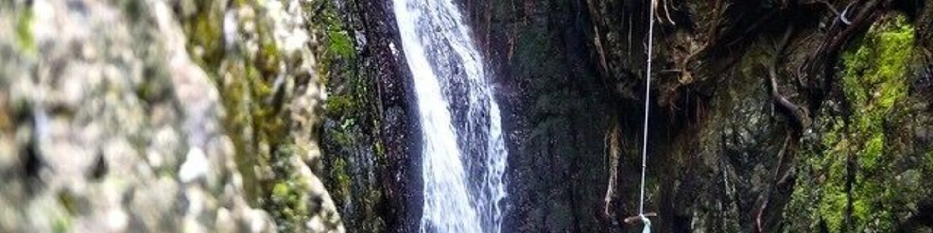 Una cascada se precipita por un risco rocoso hacia una poza de agua.