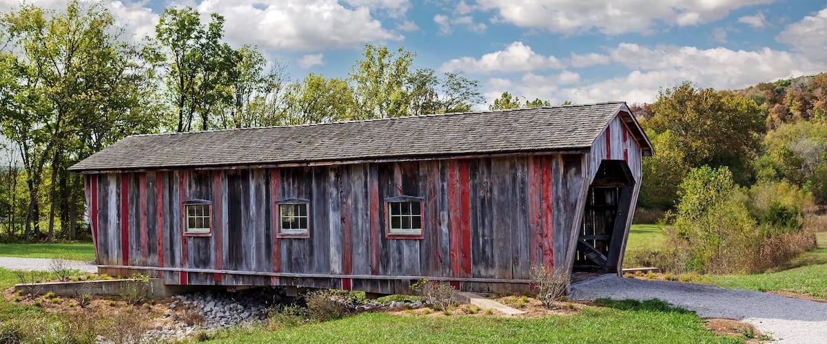A covered bridge at the Historic Daniel Boone Home Park in Defiance, Missouri