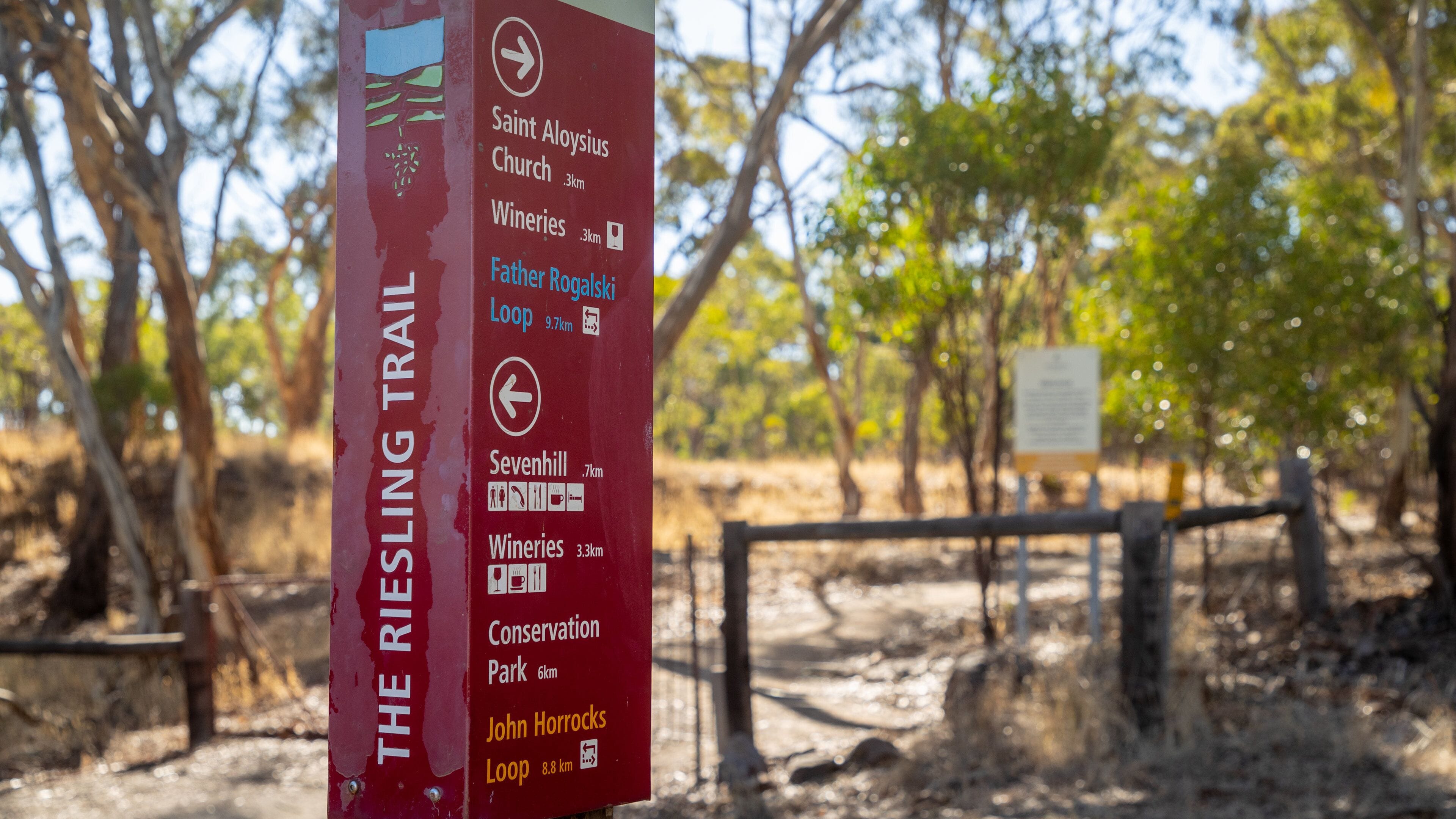 A sign for The Riesling Trail with directions to various attractions.
