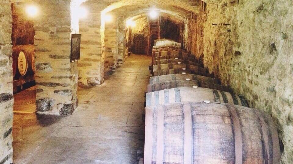 A stone-walled cellar with wooden barrels and a staircase leading down.