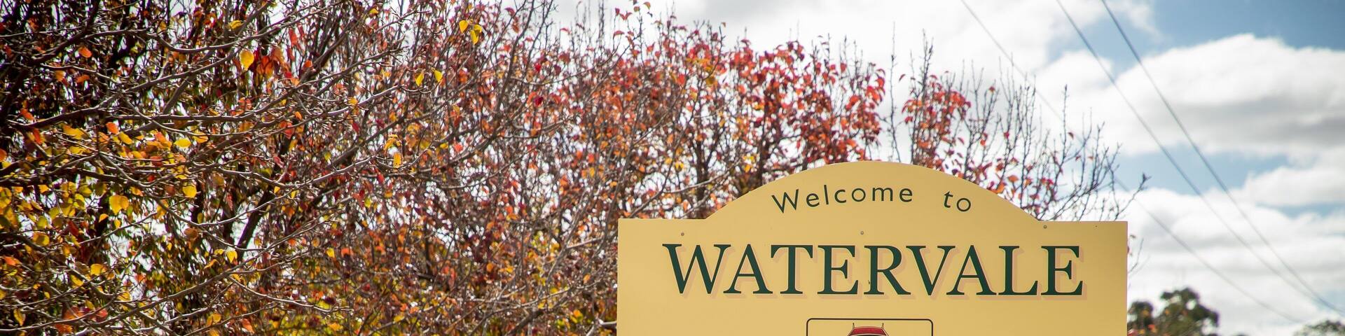 A sign welcoming visitors to Watervale, established in 1847, known as the home of fine Riesling.