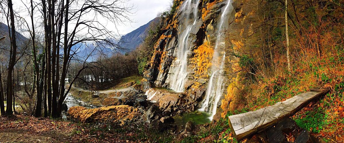 A waterfall cascading down a rocky cliff surrounded by autumn foliage and trees.
