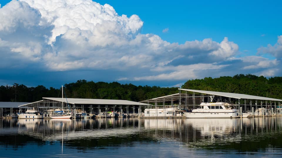 A marina with boats docked under large white canopies, calm water, and a backdrop of dense green trees under a partly cloudy sky.