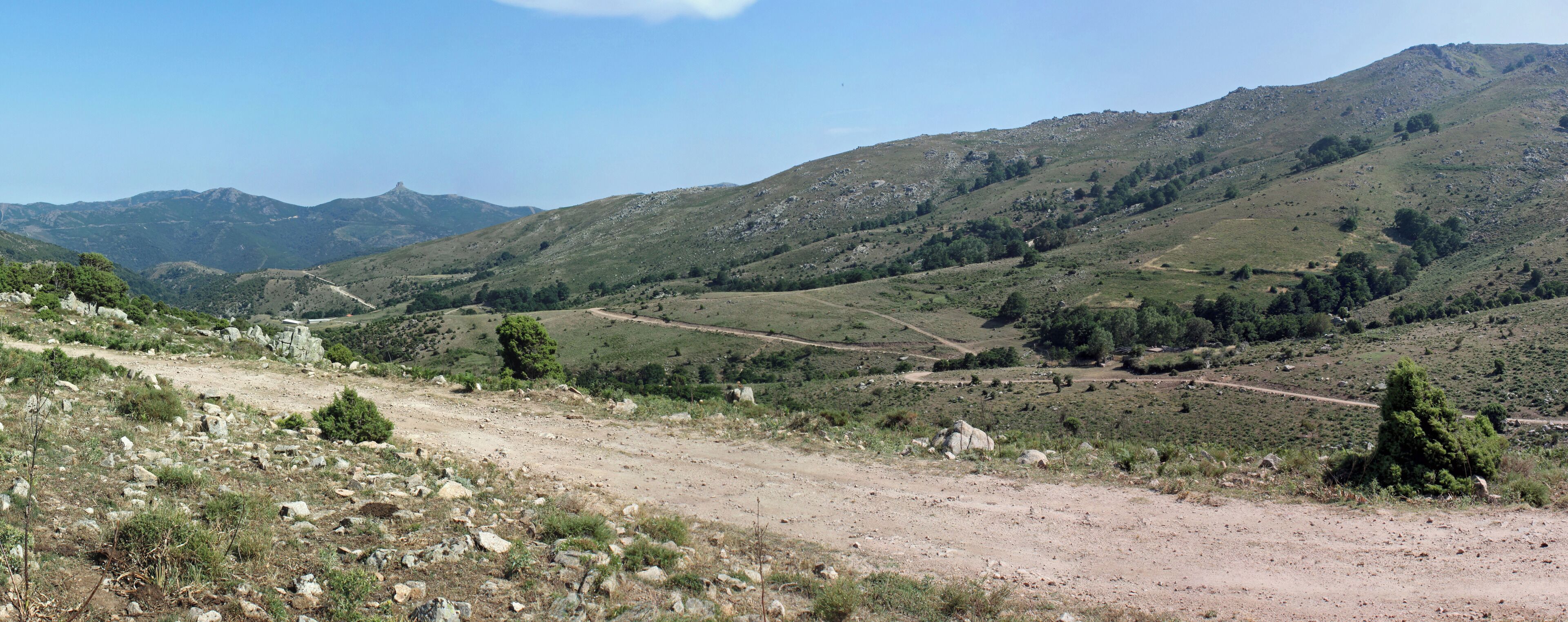 A dirt road winding through a hilly landscape with scattered trees and rocky terrain.