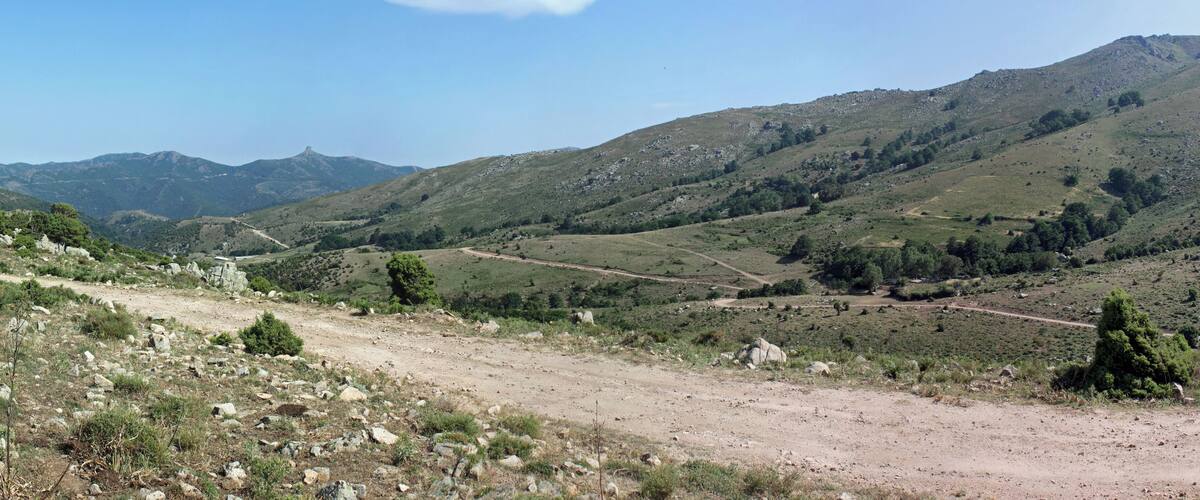 A dirt road winding through a hilly landscape with scattered trees and rocky terrain.