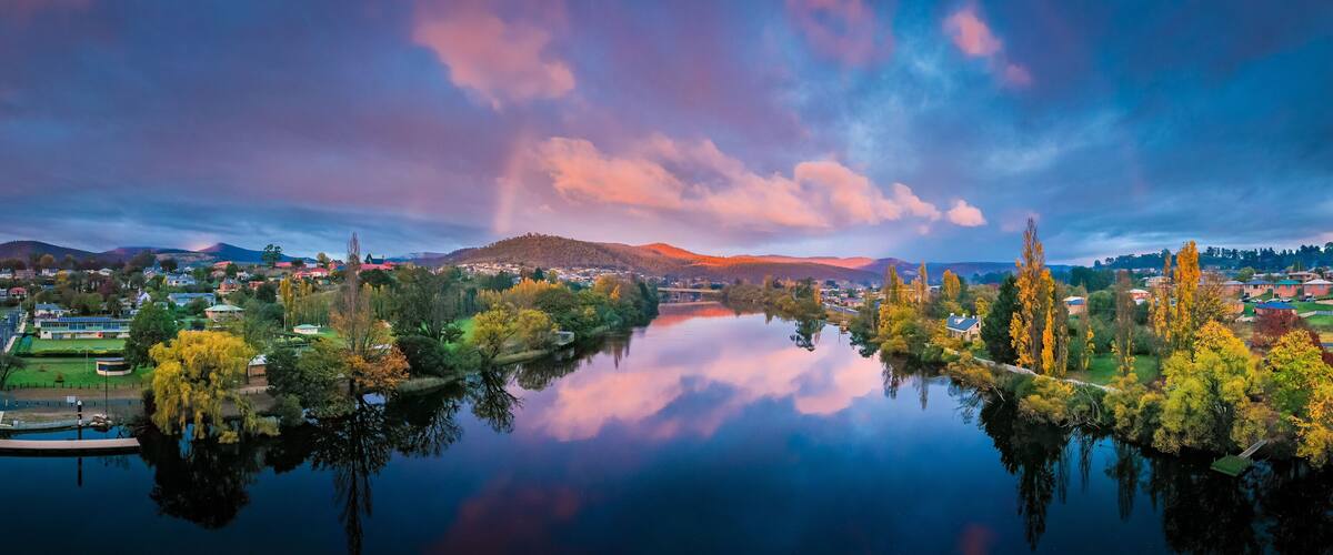 Panoramic shot of New Norfolk town in Tasmania, Australia during sunrise