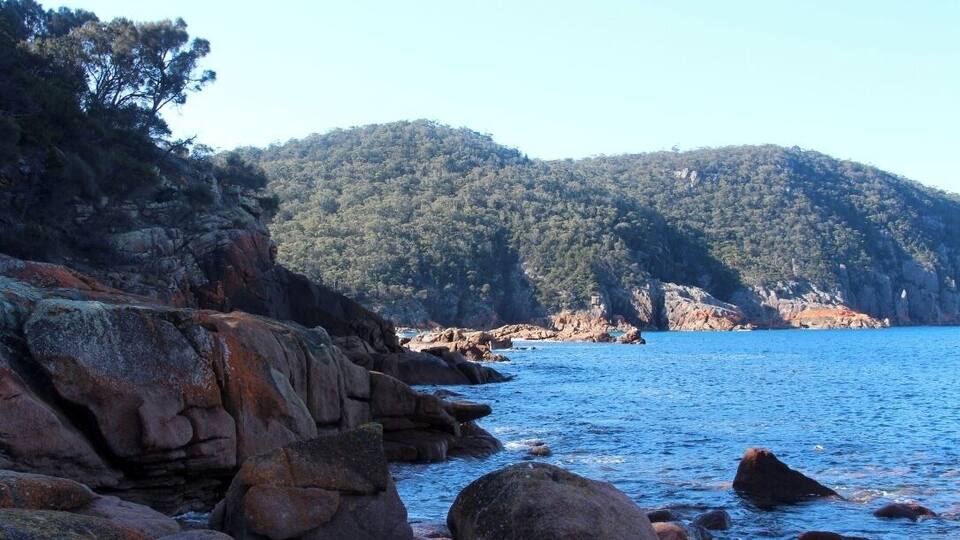A rocky coastline with large boulders and a forested hill in the background.