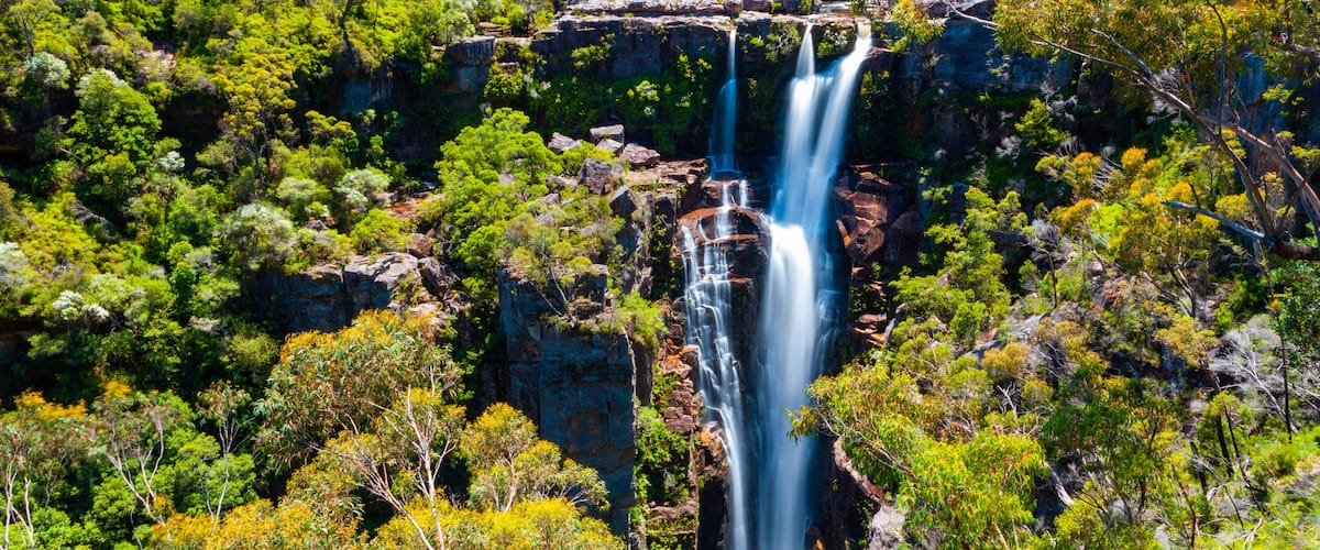 A waterfall cascading down a rocky cliff surrounded by dense green foliage.