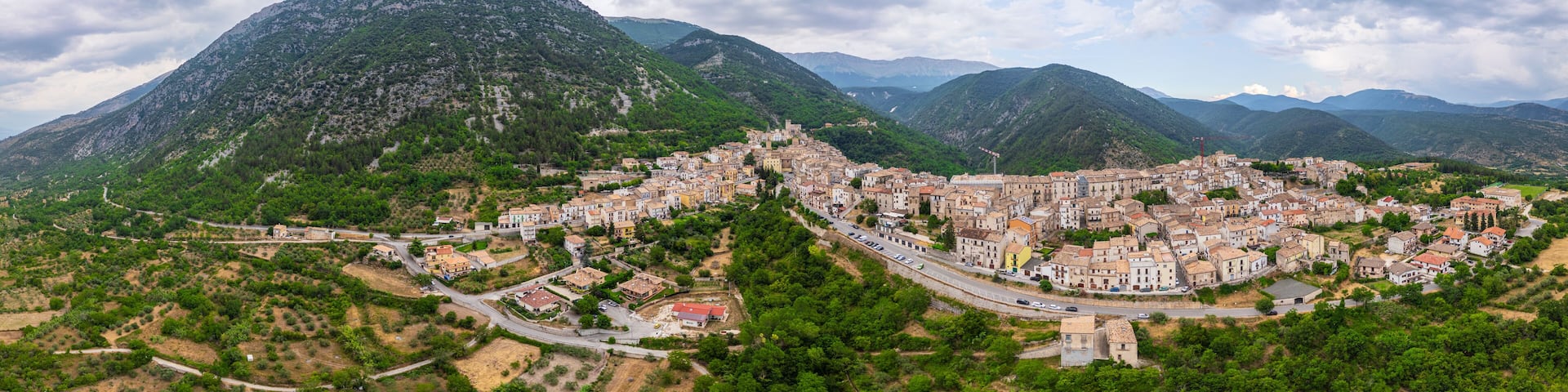 Aerial drone view of the medieval village of Pacentro in the province of L'Aquila, Abruzzo. We're in the Maiella mountains, and this place exudes history, peace, and tranquility.