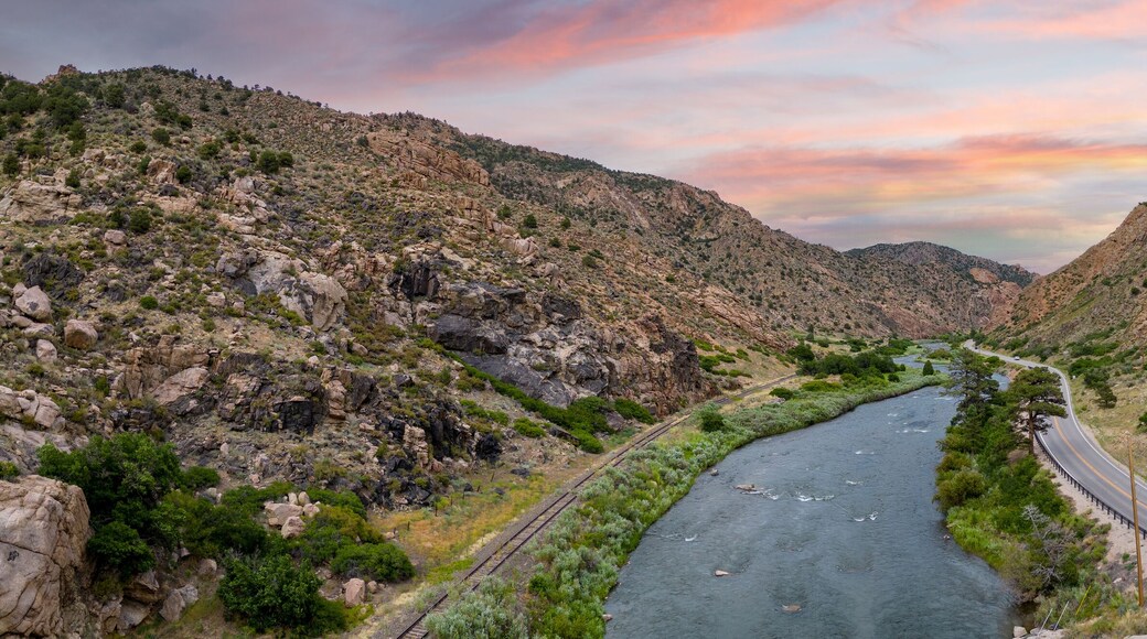 Aerial panorama photo Arkansas river between mountains at Cotopaxi Colorado